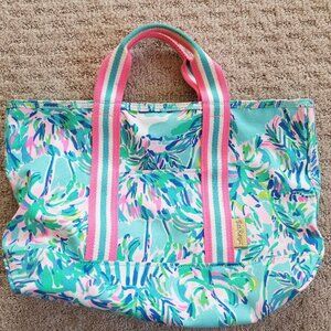 Lilly Pulitzer Full Zippered Top Medium Cotton Canvas Tote Printed Beach Bag EUC